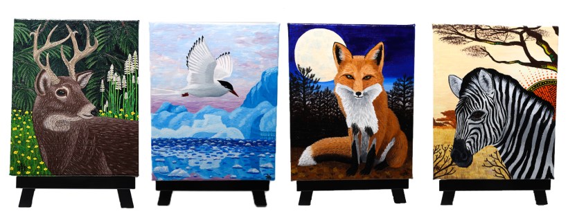 Final Paintings: White-tail Deer, Arctic Tern, Red Fox, Zebra Made by Athena Mariah LaRue