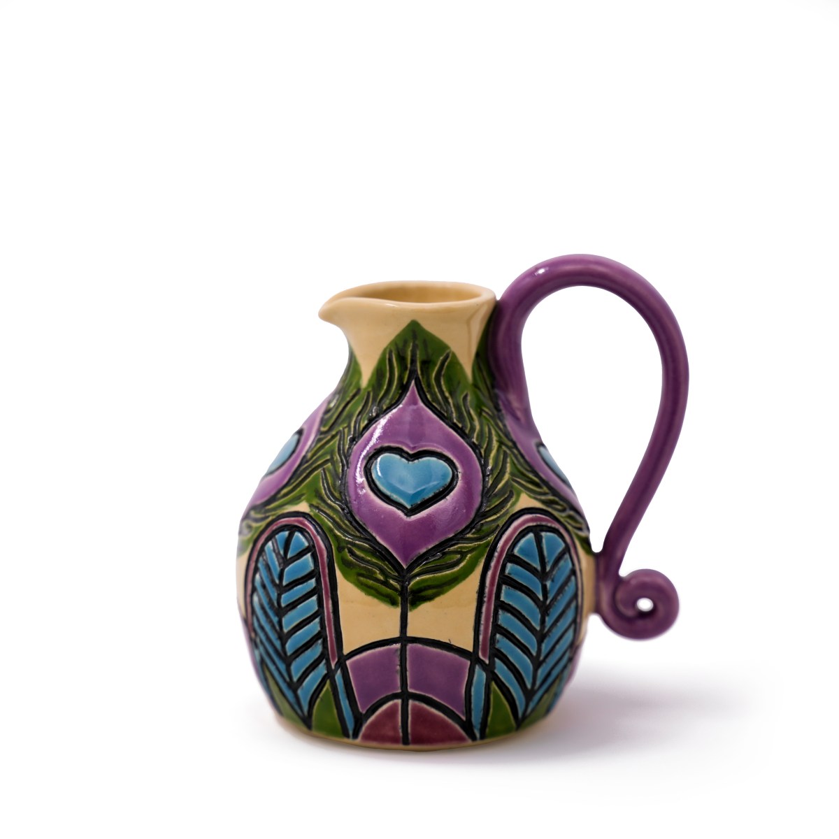 Peacock Oil Jar by Athena Mariah LaRue, hand carved ceramic mug with an Art Nouveau or Art Deco Peacock design.