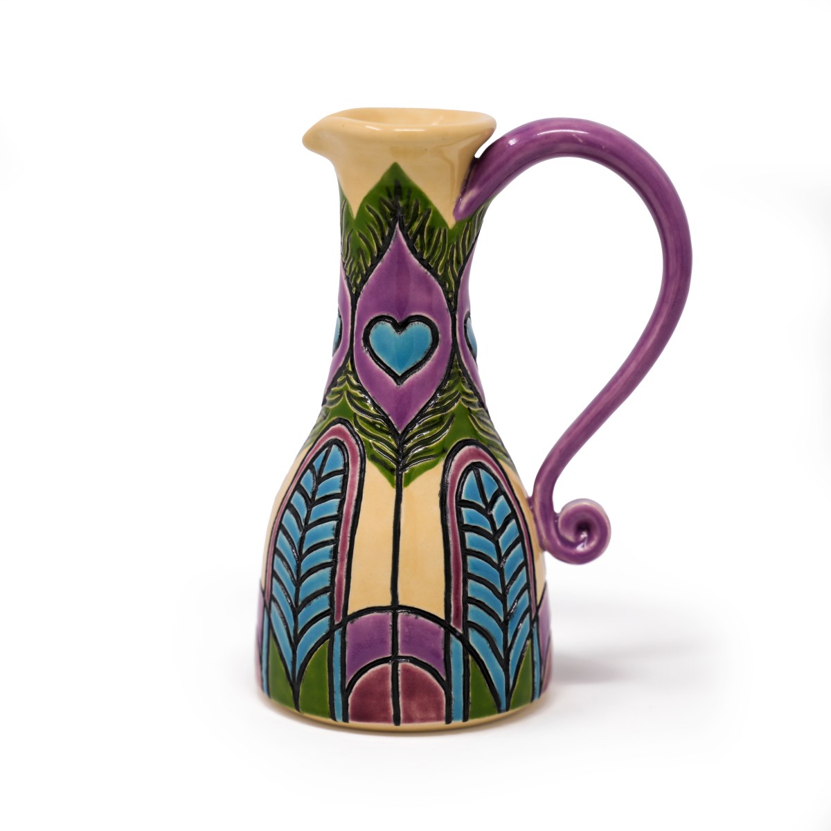 Peacock Oil Jar by Athena Mariah LaRue, hand carved ceramic mug with an Art Nouveau or Art Deco Peacock design.