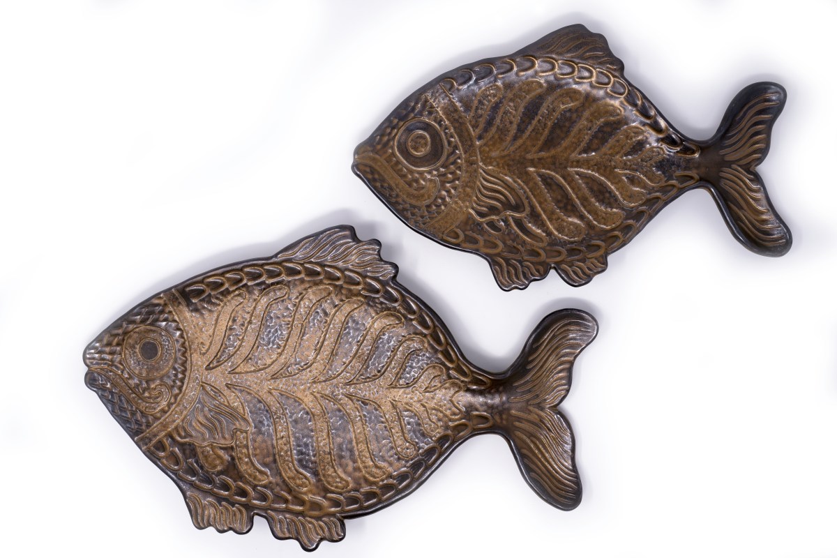 Portuguese Fish Plates by Athena Mariah LaRue, Handmade Ceramic Fish Plates with a bronze Glaze