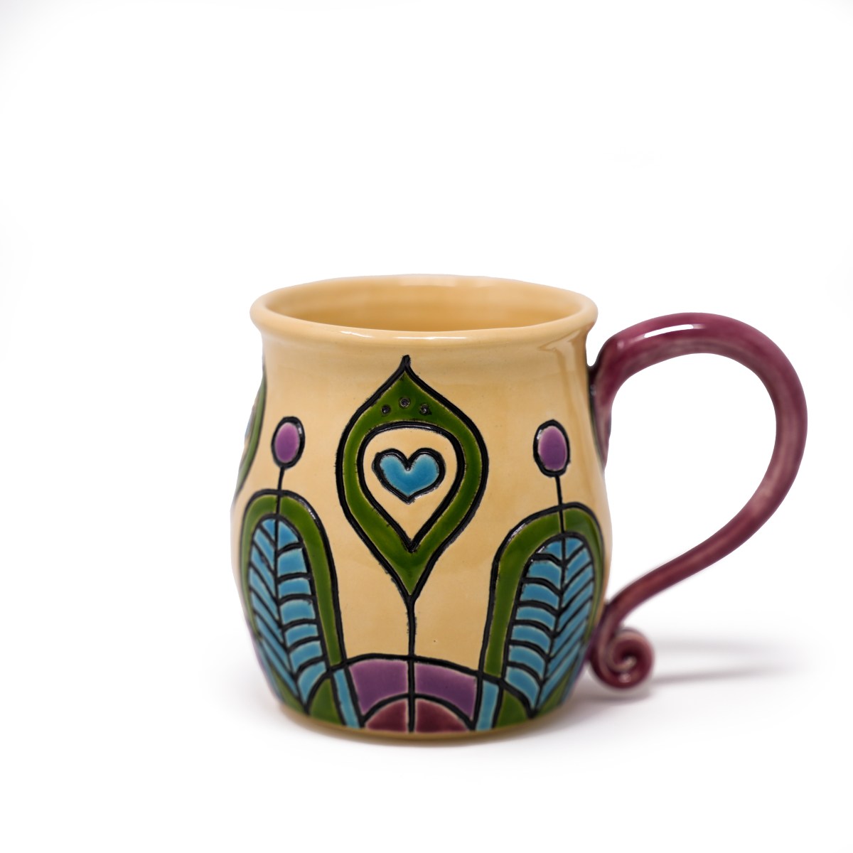 Peacock Mug by Athena Mariah LaRue, hand carved ceramic mug with an Art Nouveau or Art Deco Peacock design.
