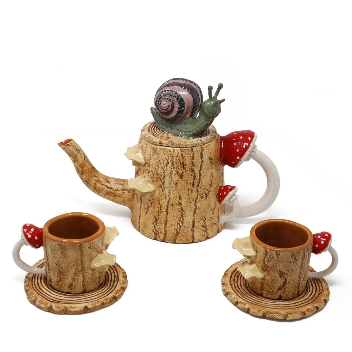 Woodland Whimsical Mushroom Teapot Set by Athena Mariah LaRue. Handmade Ceramic Teapot Wood texture with a Snail lid and Mushroom handles. Small Mini Mushroom mugs and ceramic tree ring coasters.